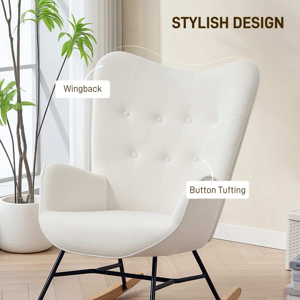 Cozy Cream Velvet Rocking Chair - Gentle Motion & Supreme Comfort