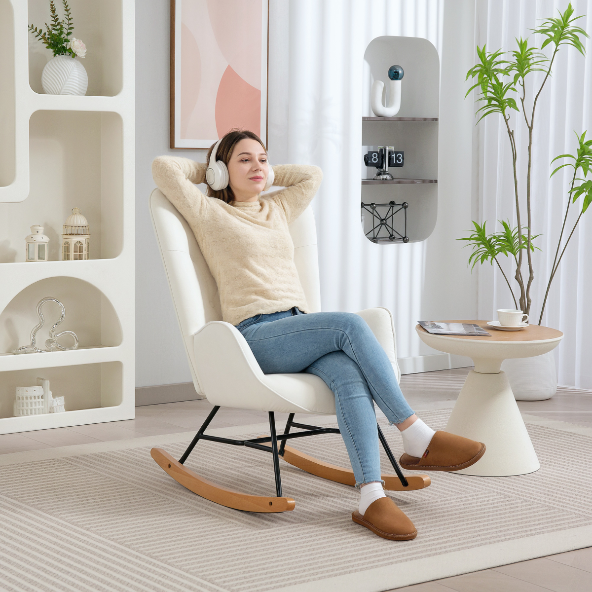 Cozy Cream Velvet Rocking Chair - Gentle Motion & Supreme Comfort