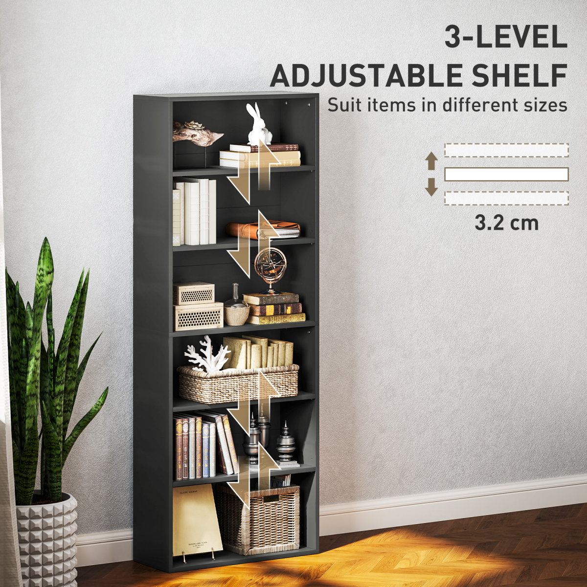 Elegant Black Bookcase Cabinet with Adjustable Shelves & Safety Features