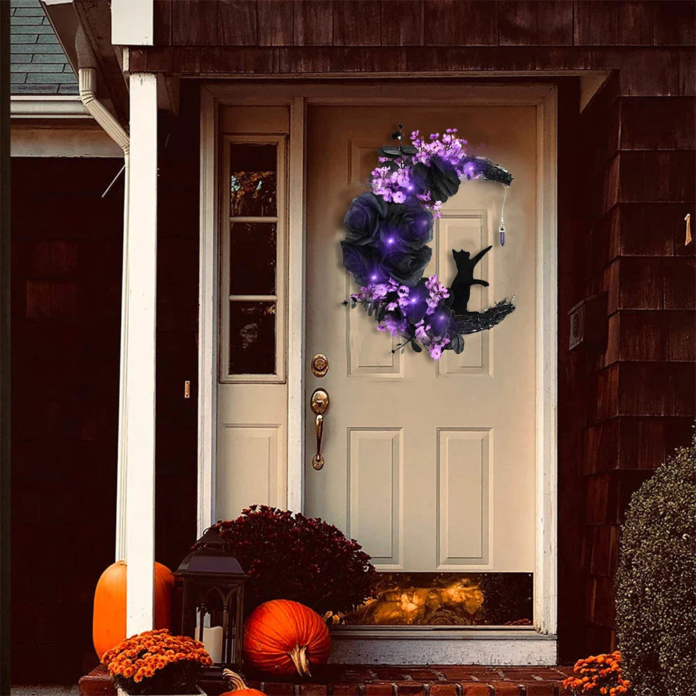 Moon Cat Halloween Wreath with Lights-3