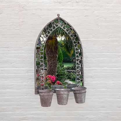 78CM RUSTY WALL MIRROR WITH TRIPLE PLANTER