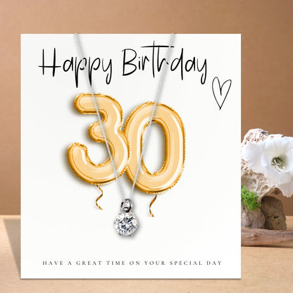Small 30th Birthday Gold Balloons Gift Hamper - Cubic Zirconia Charm Necklace, Chocolates & Candle