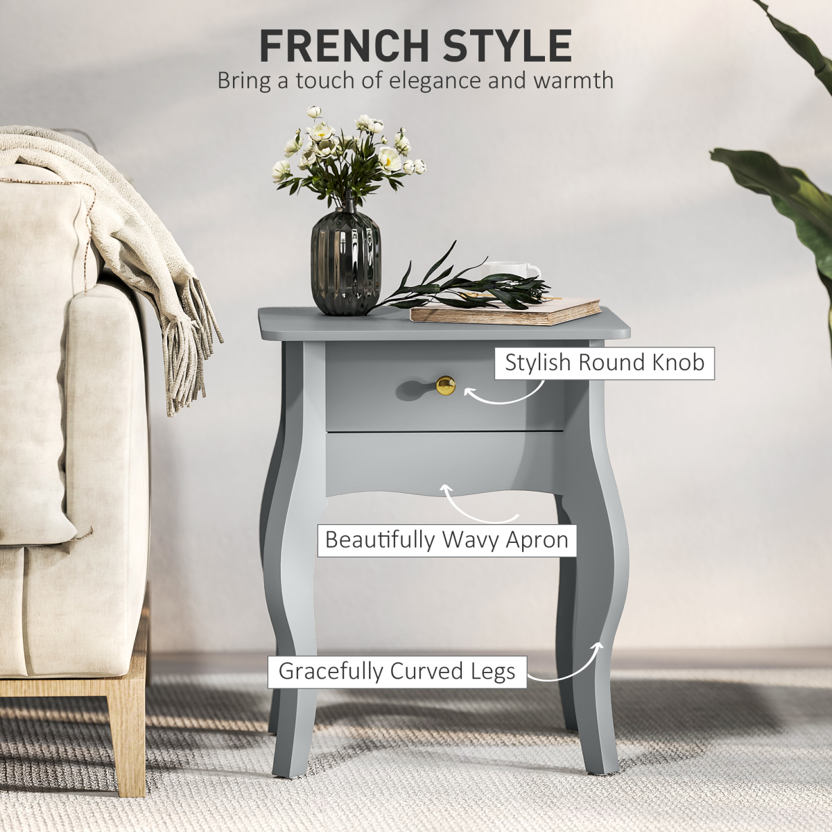 Stylish Grey Rattan Coffee Table with Drawer - Elegant French Design