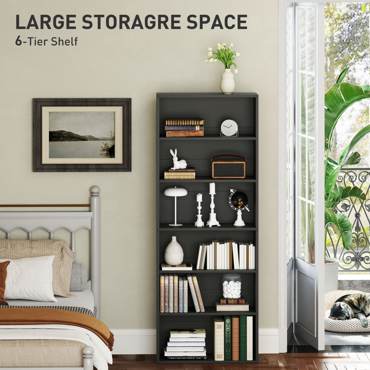 Elegant Black Bookcase Cabinet with Adjustable Shelves & Safety Features