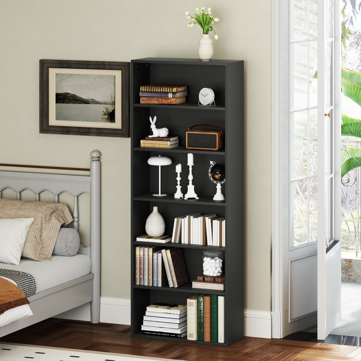 Elegant Black Bookcase Cabinet with Adjustable Shelves & Safety Features