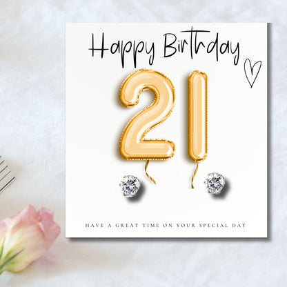 Small 21st Birthday Gold Balloons Gift Hamper - Cubic Zirconia Earrings, Chocolates & Candle