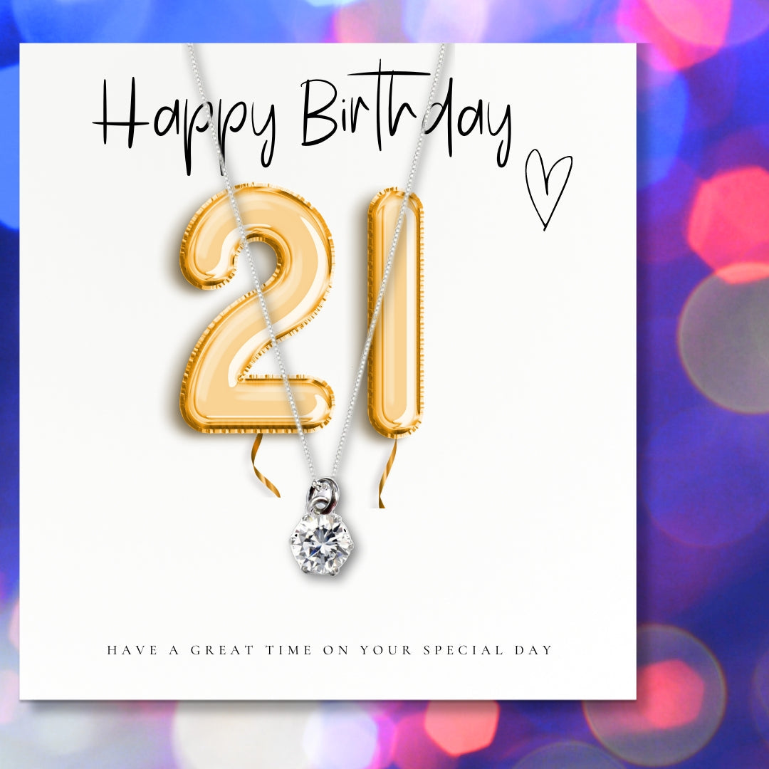 Small 21st Birthday Gold Balloons Gift Hamper - Cubic Zirconia Charm Necklace, Chocolates & Candle