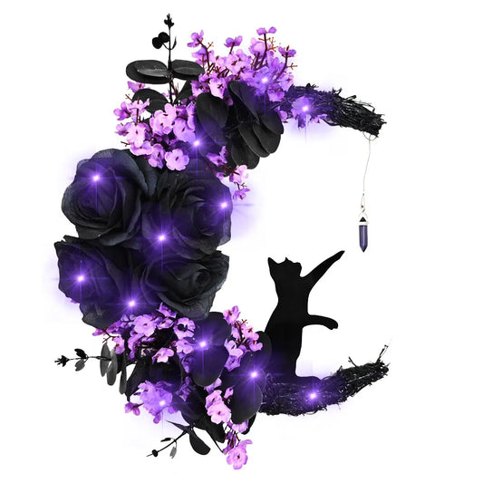 Moon Cat Halloween Wreath with Lights-0