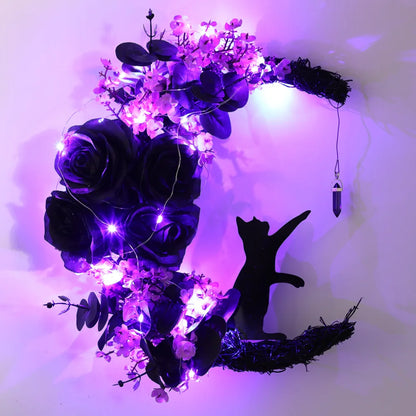 Moon Cat Halloween Wreath with Lights-2