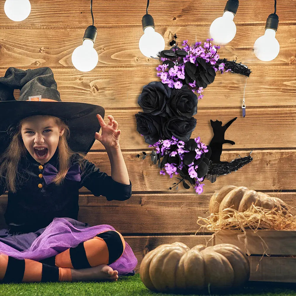 Moon Cat Halloween Wreath with Lights-4